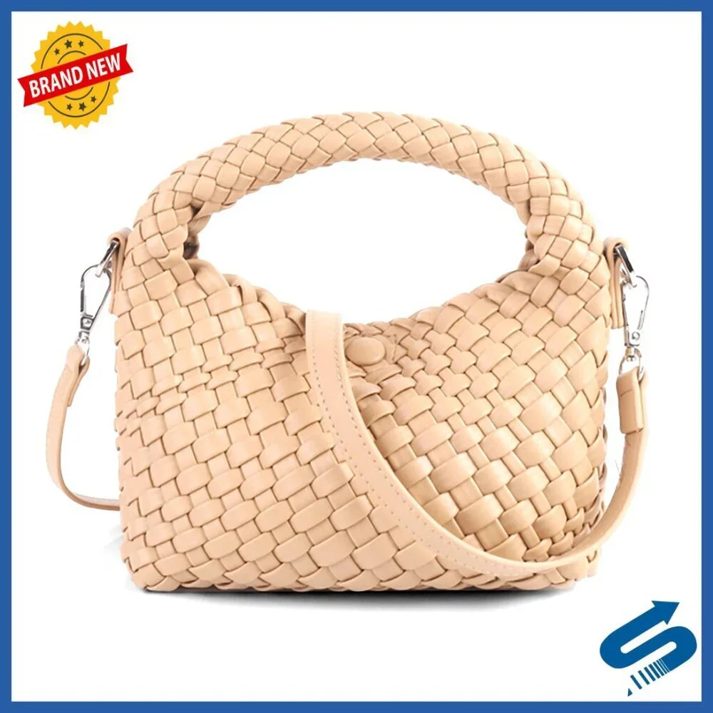 Woven Vegan Leather Tote Crossbody Bag Adjustable Detachable Strap Casual Chic